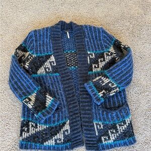 Free People Blue and Black Patterned Woman Cardigan S